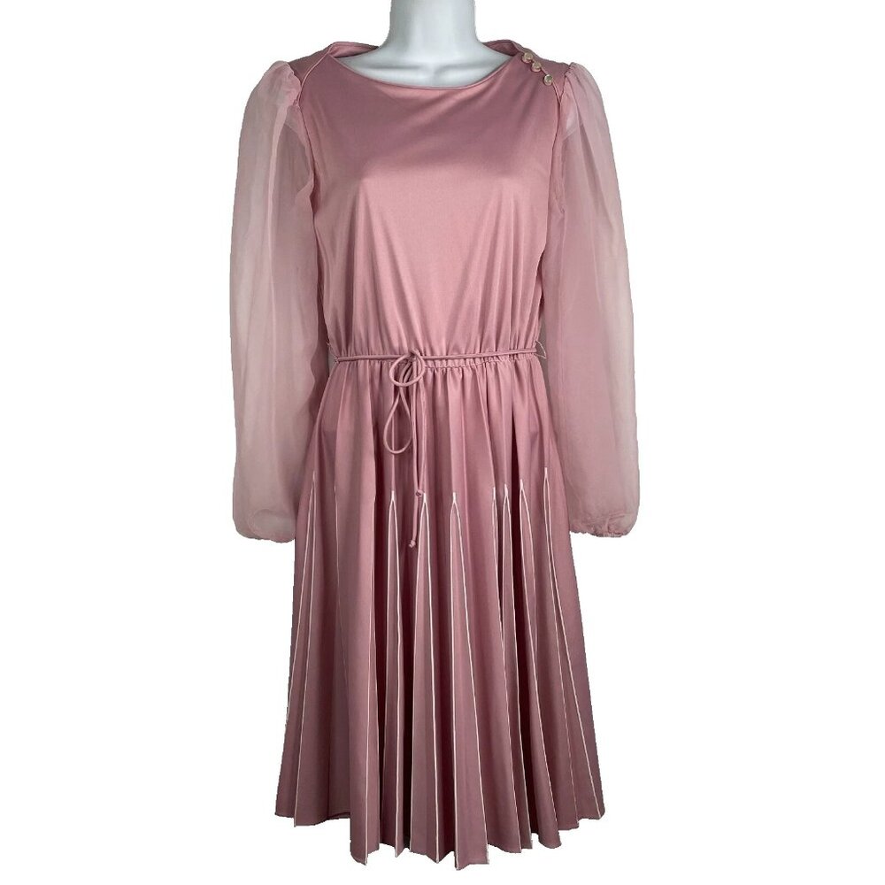 Vintage 70s Secretary Disco Dress Size 10 Lavender Purple Belted Pleat Fit Flare